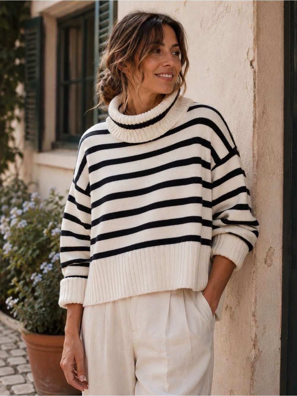 GAP 100% Cotton Striped Chunky Turtleneck Sweater Large Coastal Grandmother